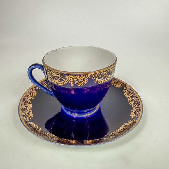 Lomonosov Imperial Porcelain LFZ Cobalt Blue Gold Floral Trim Cup & Saucer - Picture 4 of 8